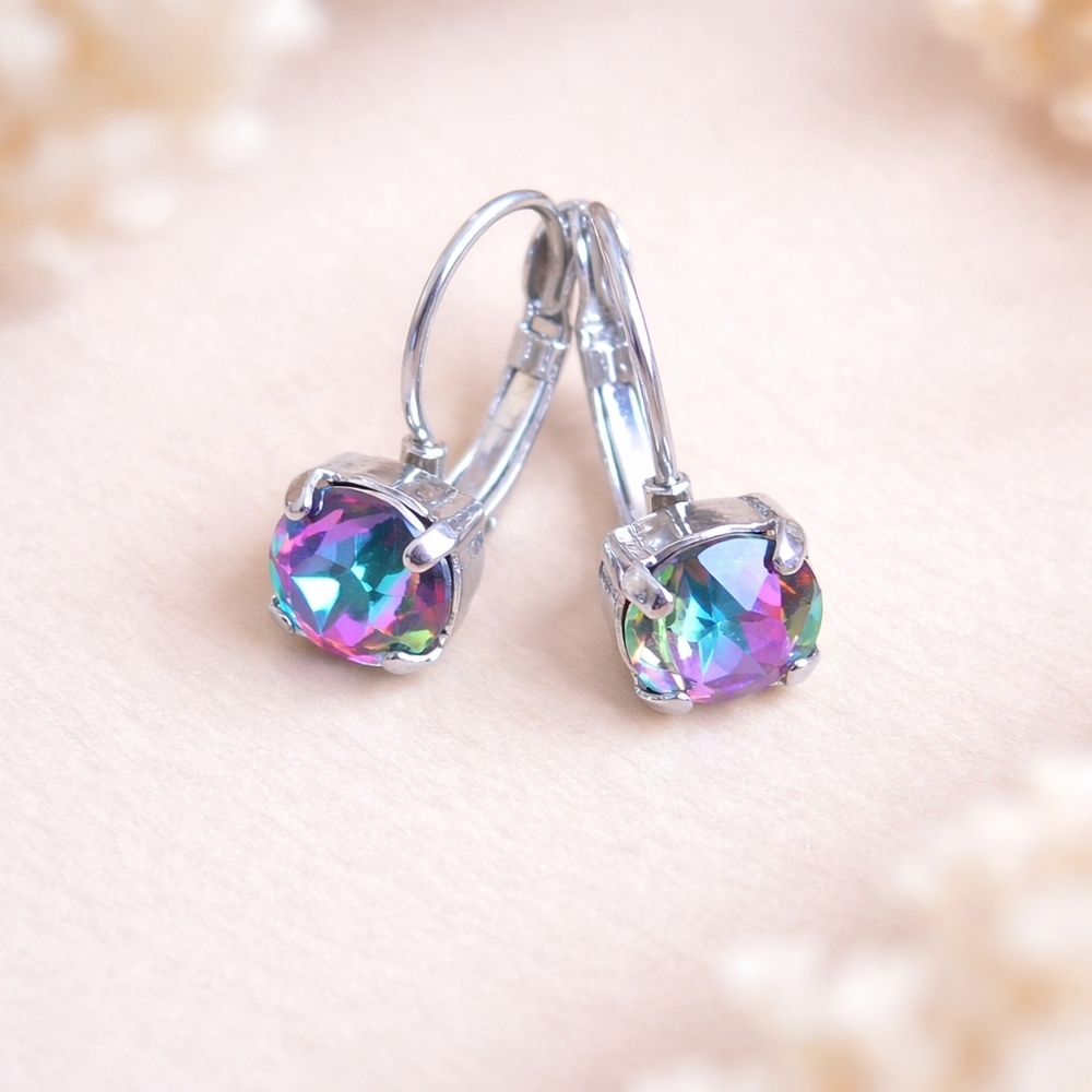Rhodium Lever Back Drop Earrings, Volcano Crystals, Hand Crafted - Picture 2 of 14